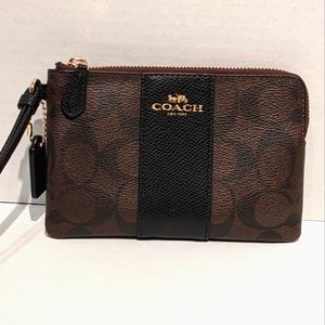 COACH corner zip wristlet, Brown/black/light gold